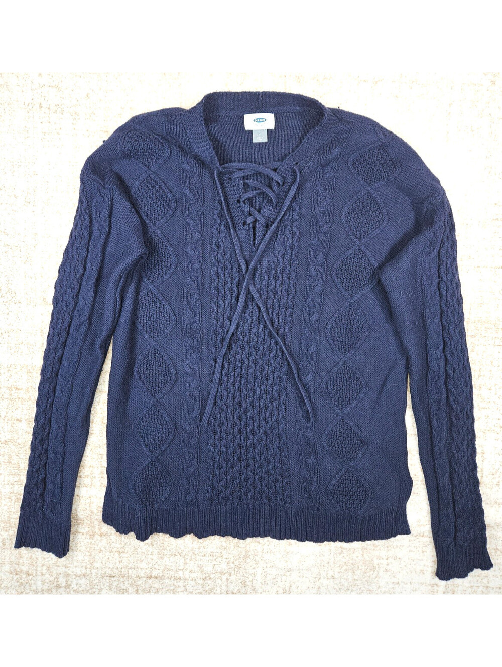 Old Navy Womens Size M Cable-Knit Lace-Up V-Neck Navy Blue Sweater